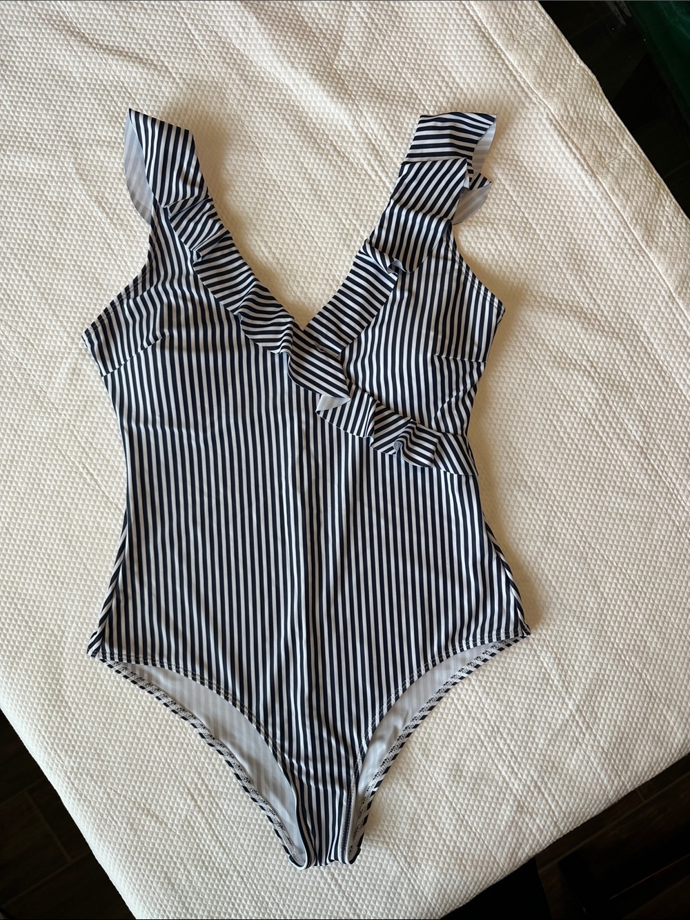 Navy White Striped Ruffle One Piece Swimsuit Coastal Nautical Size L